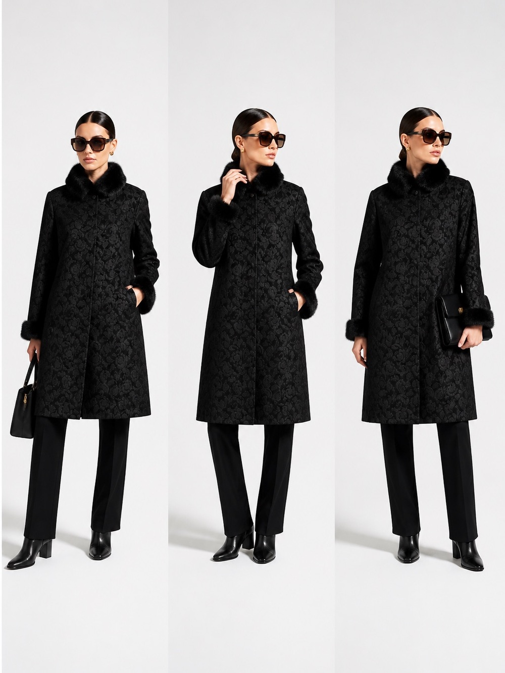 Novelti for Laura Black Brocade Faux Fur Coat Size 14 Y2K Vintage Style